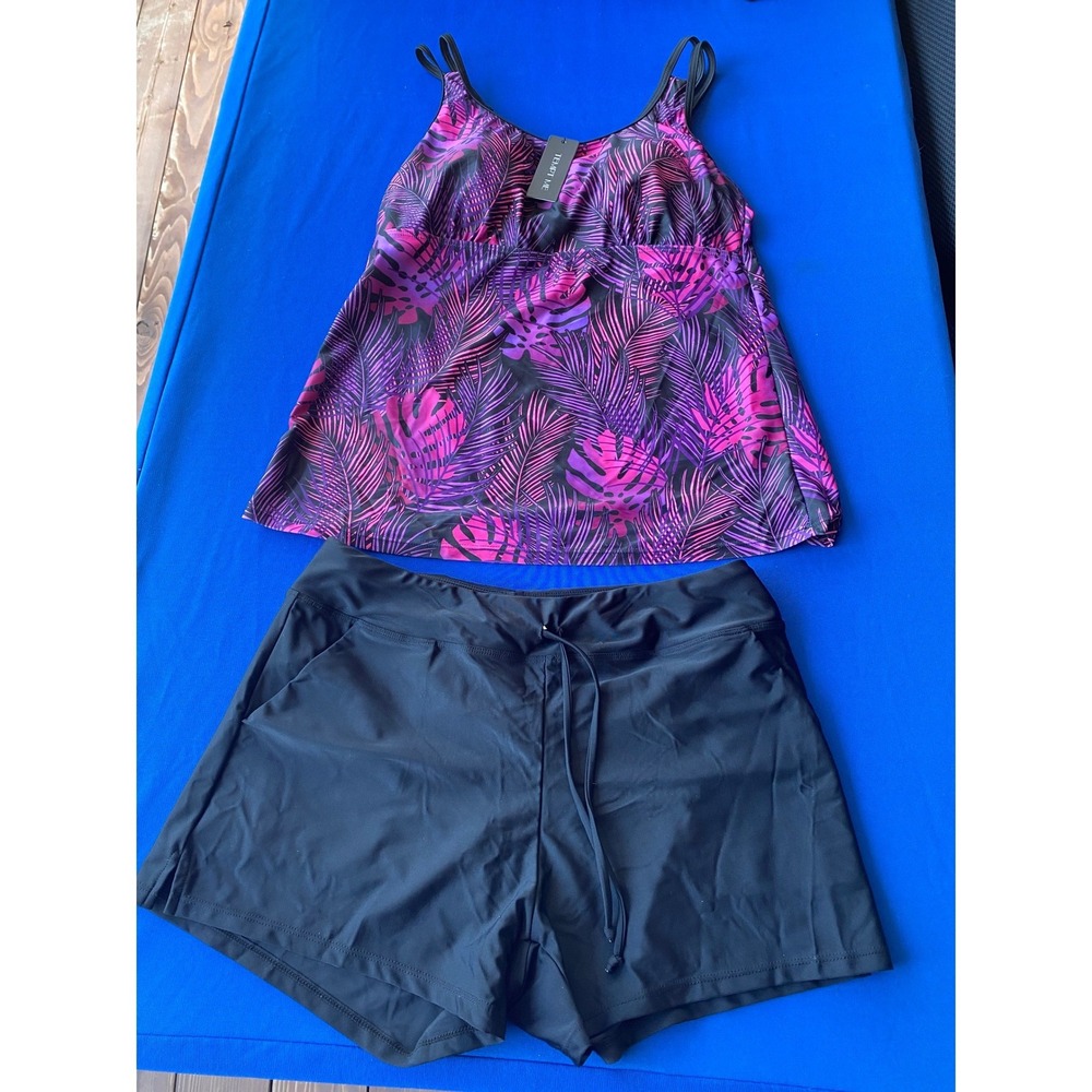 Tempt Me Tankini Swimsuit Pink Purple Tropical Palm Print Shorts Set Medium NWT